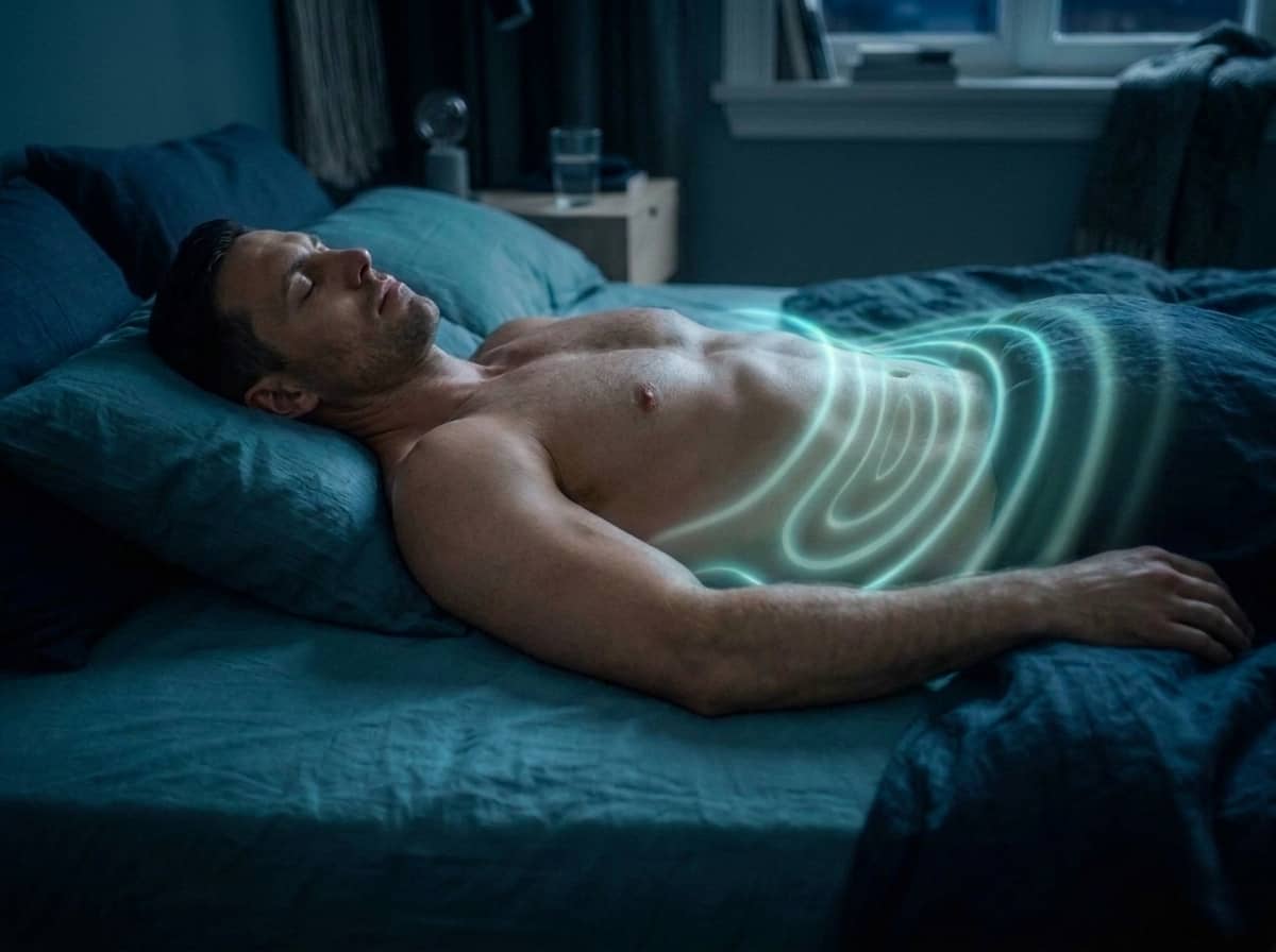 Ein Mann schläft tief in einem dunklen Schlafzimmer, während sanfte Vibrationen des ANDUFIT-Massagemoduls sichtbar durch die Matratze laufen