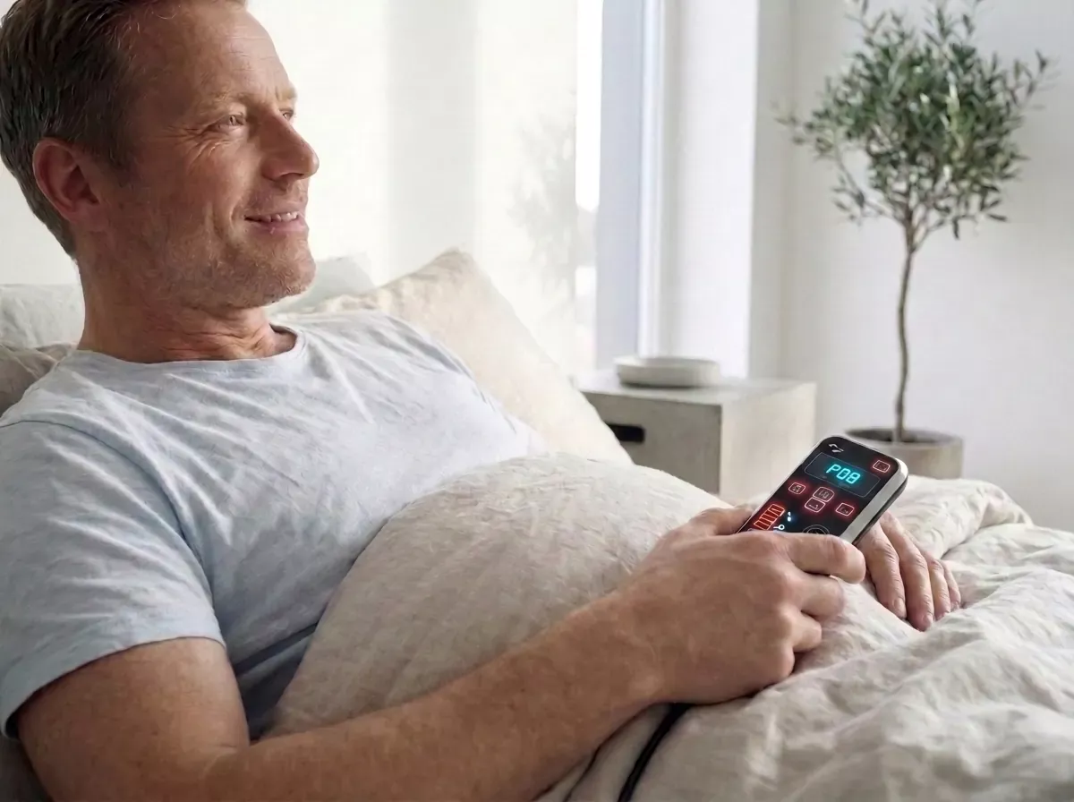 Ein Mann sitzt entspannt im Bett und hält die ANDUFIT-Fernbedienung in der Hand, auf dem Display Programm P08