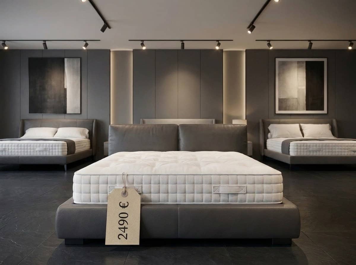 Eine neue Premium-Matratze in einem Bettenfachgeschäft, mit einem Preisschild über 2490 Euro